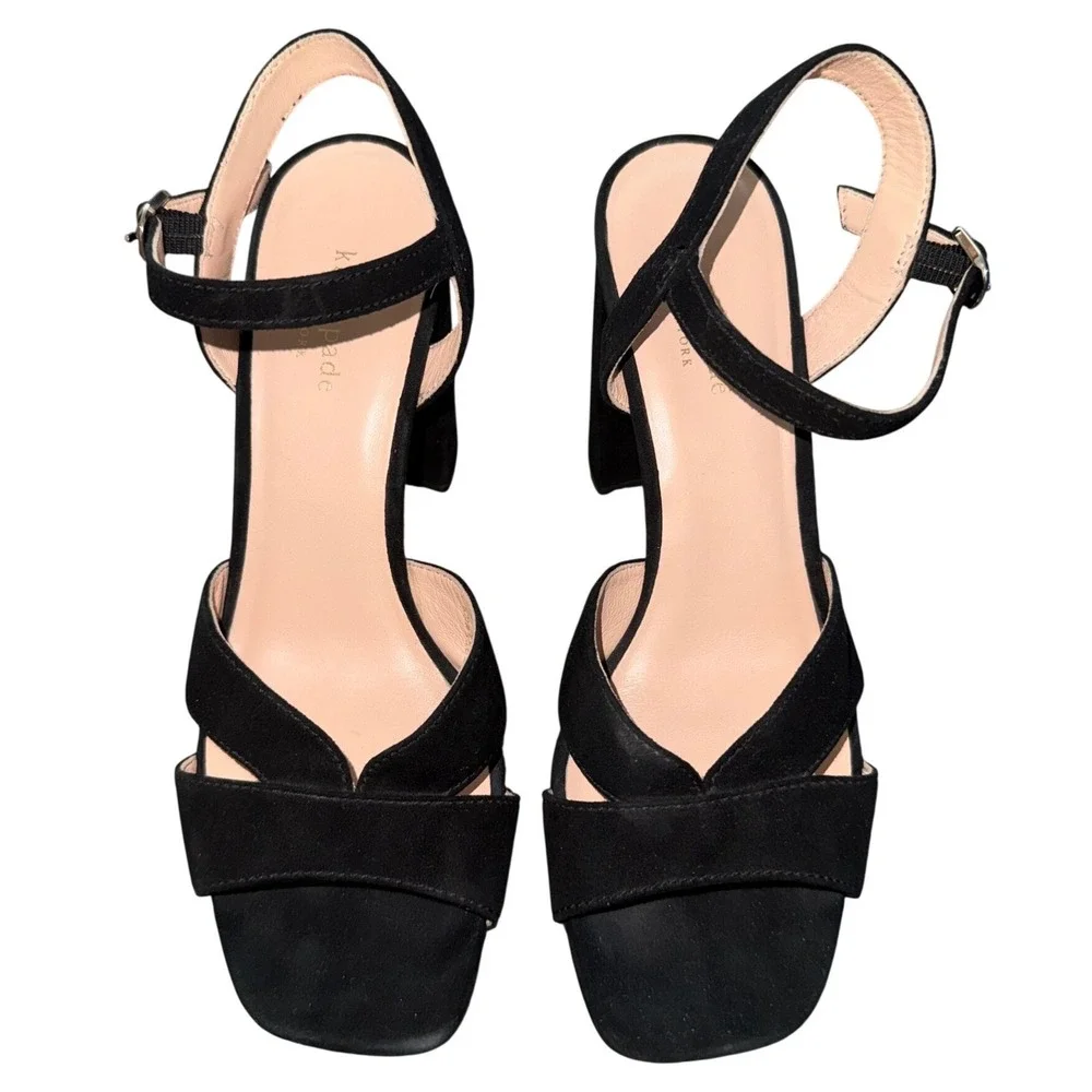 Kate Spade Delight Black Suede Platform Block Heel Sandals Square Toe  9B